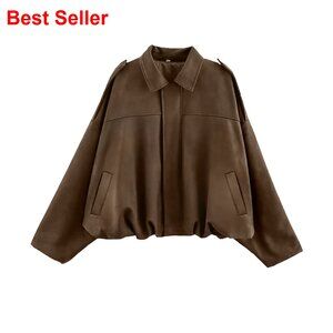 Faux Suede Bomber Jacket Oversized Cropped Lapel Pilot Coat